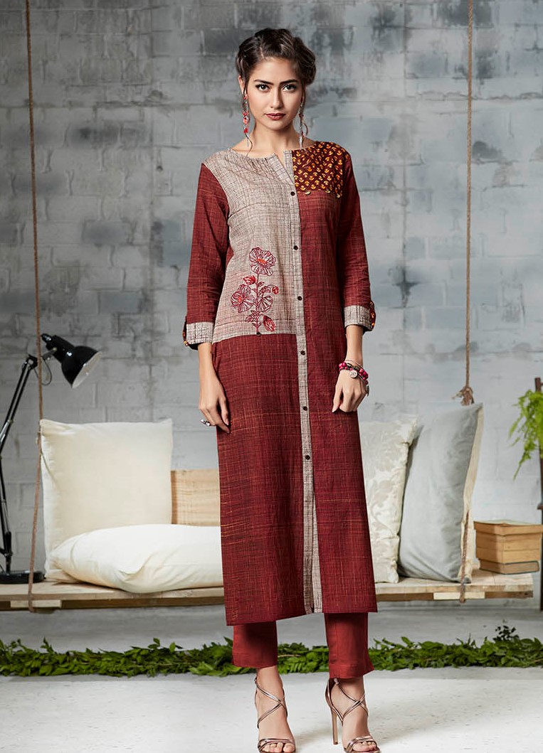 Maroon Long Kurti Tunic w/ Light Embroidery (L / 2XL) 37004 Buy